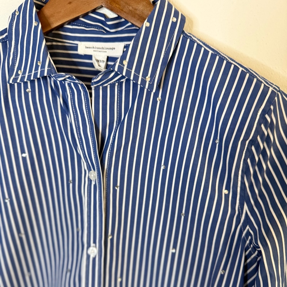 BeachLunchLounge Rhinestone Stripe Shirt XS Blue White Button Down NWT